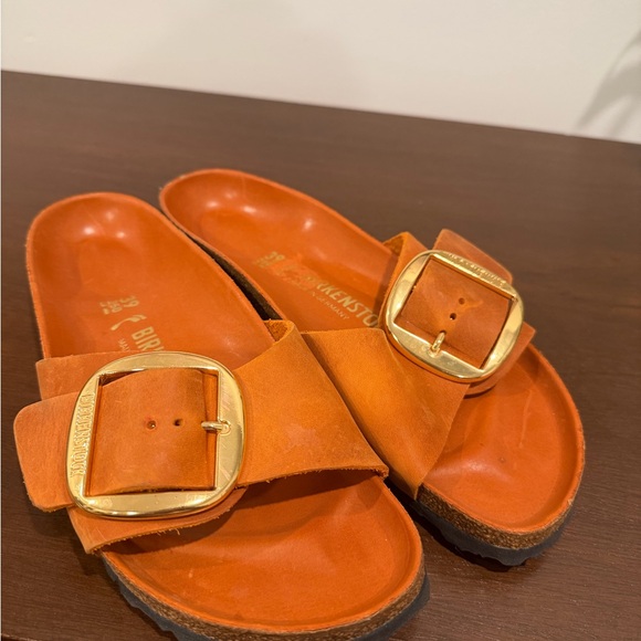 Birkenstock Madrid Big Buckle | Tan/Orange Slides with Gold Buckle - Picture 15 of 15